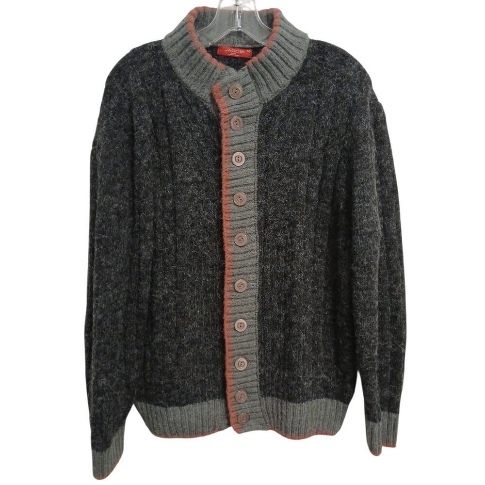 Italy Mohair Cardigan Nordic Sweater Sz M Gray Grandpa Buttons Textured Ribbed